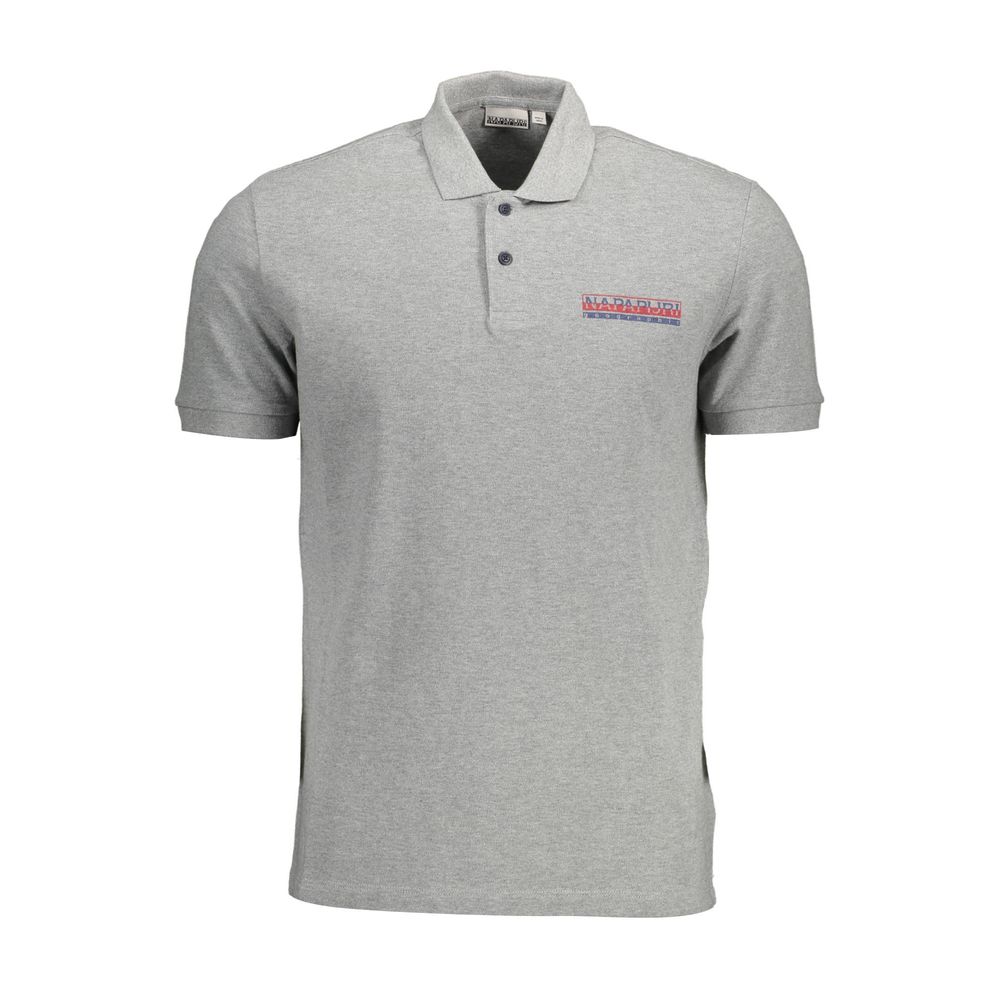 Napapijri men's gray cotton polo shirt with a classic collar and short sleeves, showcasing a casual, comfortable fit.