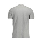 Napapijri men's gray cotton polo shirt with a classic collar and short sleeves, displayed on a hanger.