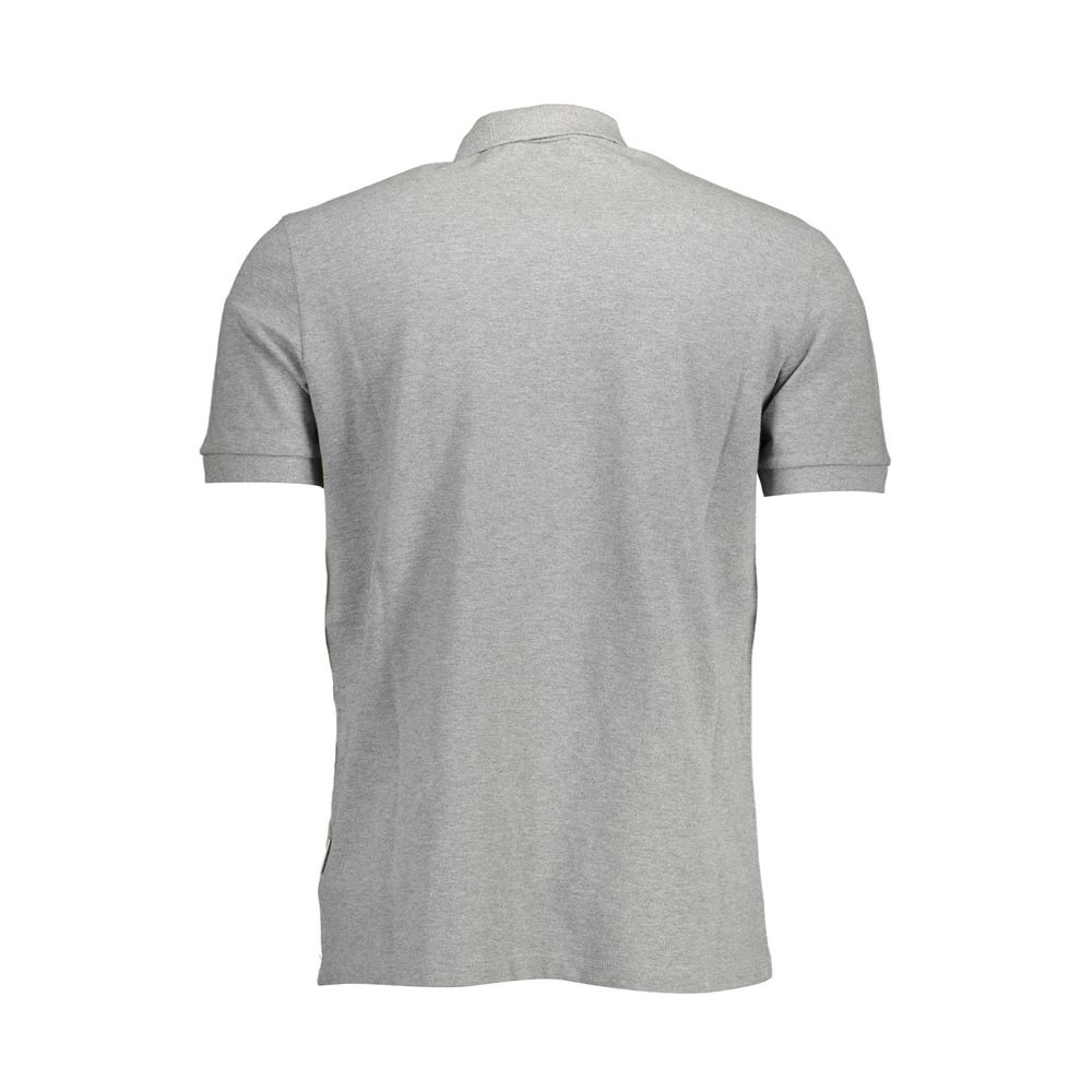 Napapijri men's gray cotton polo shirt with a classic collar and short sleeves, displayed on a hanger.