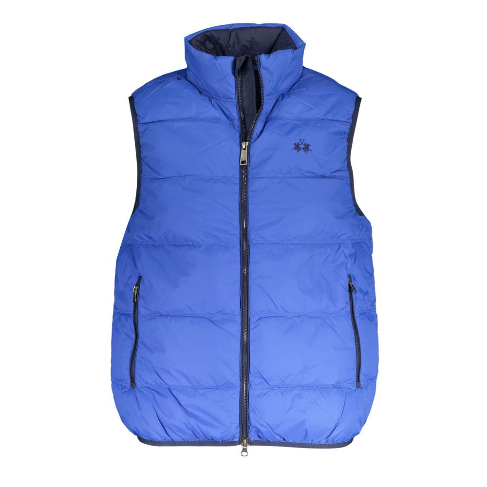 La Martina blue polyamide men's vest displayed on a hanger, showcasing lightweight, durable fabric and classic style.