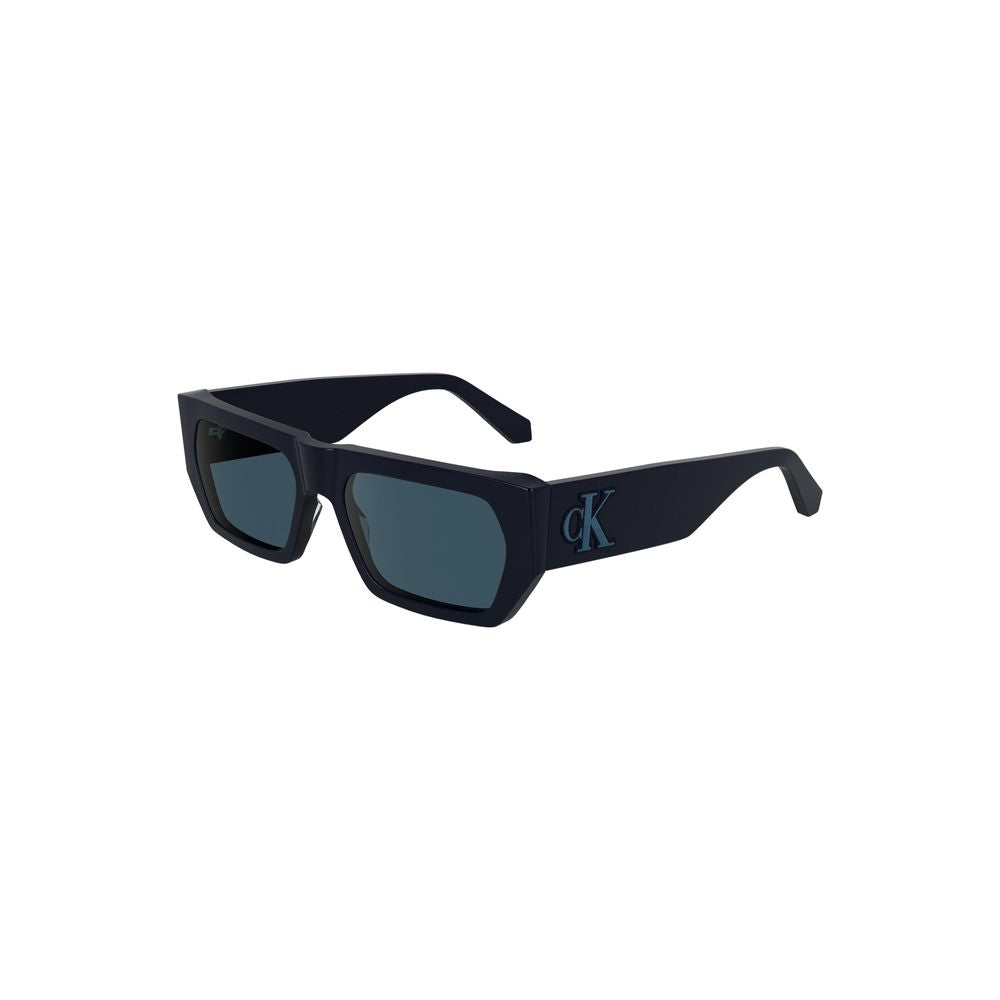 Calvin Klein blue acetate women's sunglasses with rounded frames and dark tinted lenses.