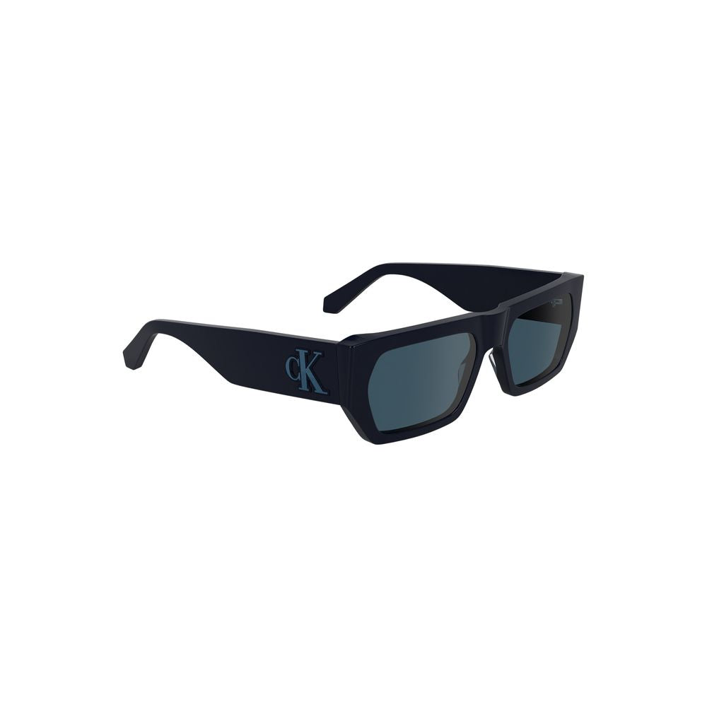 Calvin Klein blue acetate women's sunglasses with rounded frames and dark tinted lenses.