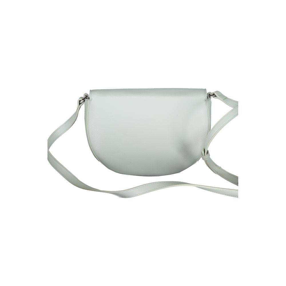 Calvin Klein black polyurethane women's handbag with sleek design and silver hardware, featuring a top handle and zip closure.
