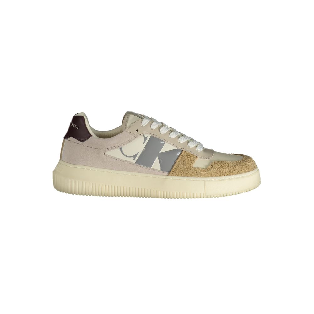 Beige Calvin Klein polyurethane men's sneaker with white sole and sleek design, perfect for casual or athletic wear.