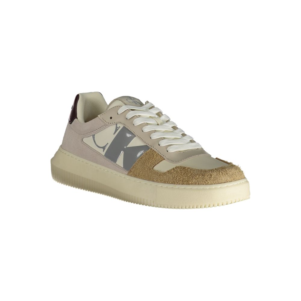 Beige Calvin Klein polyurethane men's sneaker with sleek design and white sole, shown from a side view.