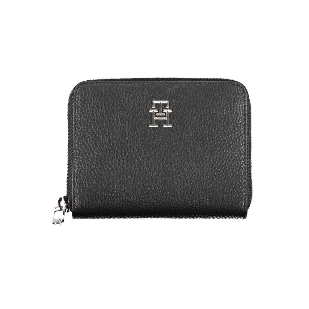 Tommy Hilfiger black polyurethane women’s wallet with sleek design and multiple card slots, stylish accessory for everyday use.