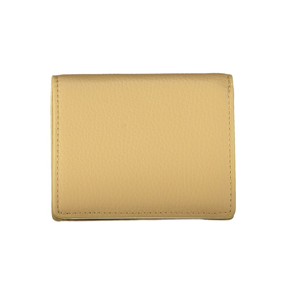 Beige leather Coccinelle women's wallet with multiple card slots and a sleek, compact design.