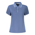North Sails blue modal women's polo shirt displayed on a hanger, showcasing its classic collar and smooth fabric.