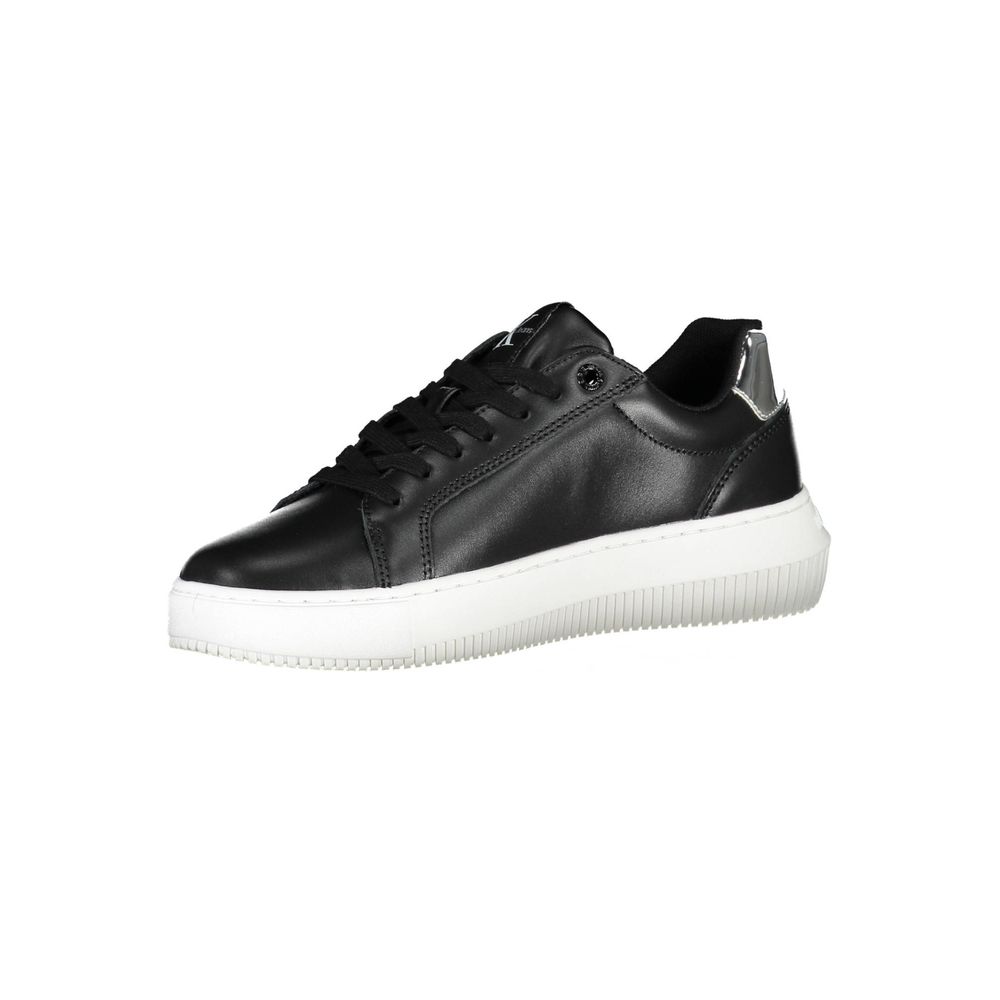 Calvin Klein Nero leather women's sneaker with sleek design and white sole, showcasing a stylish casual footwear option.
