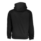 Black Calvin Klein men's polyester sweatshirt with a crew neck and minimalist branding, displayed on a plain background.