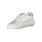 Calvin Klein white leather women's sneaker with sleek design, featuring white laces and minimalist style.