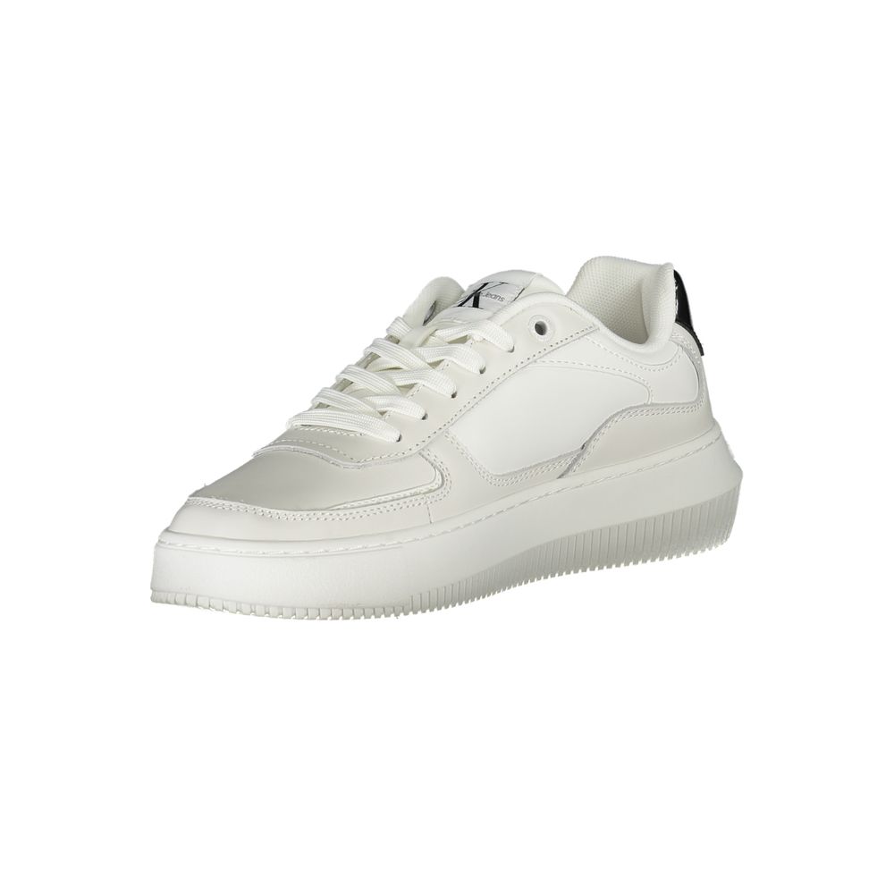 Calvin Klein white leather women's sneaker with sleek design, featuring white laces and minimalist style.
