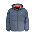 Tommy Hilfiger men's blue polyester jacket displayed on a hanger, featuring a classic design with a front zipper and logo details.