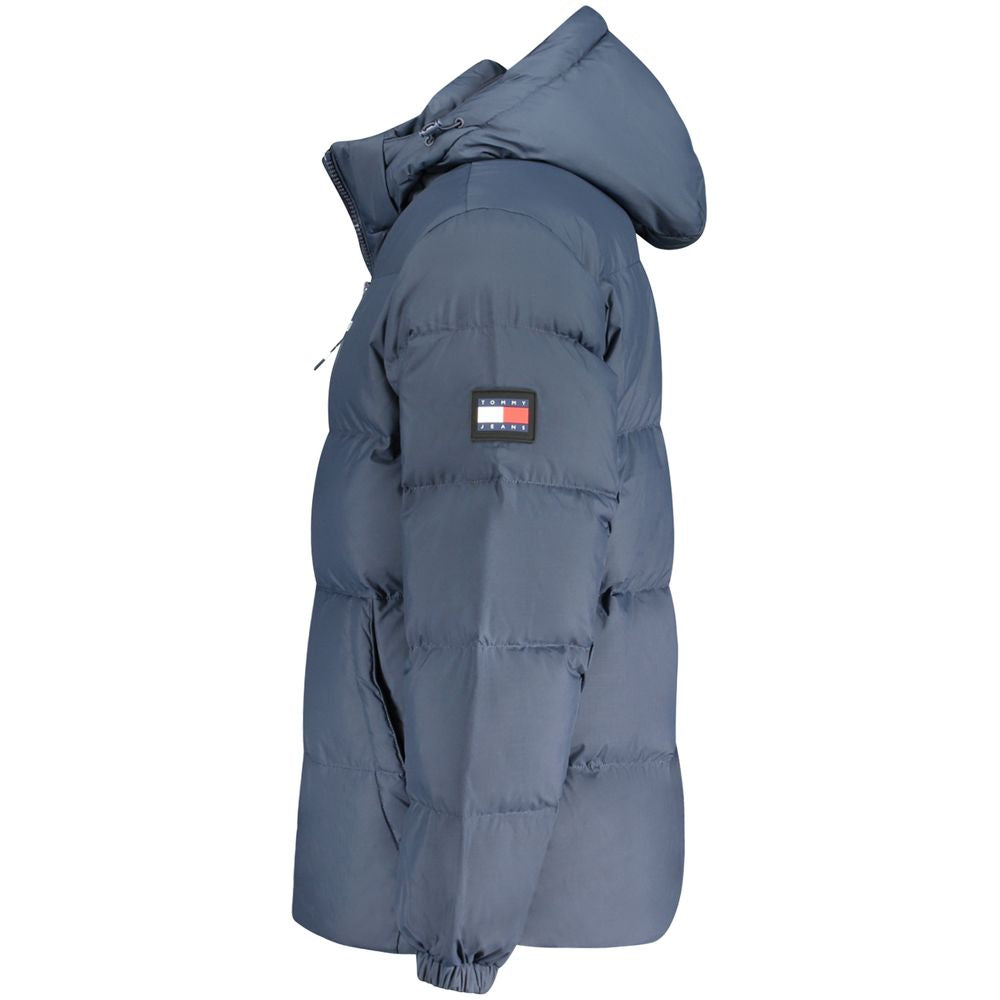 Tommy Hilfiger men's blue polyester jacket with front zipper and stand collar, casual outerwear for men.