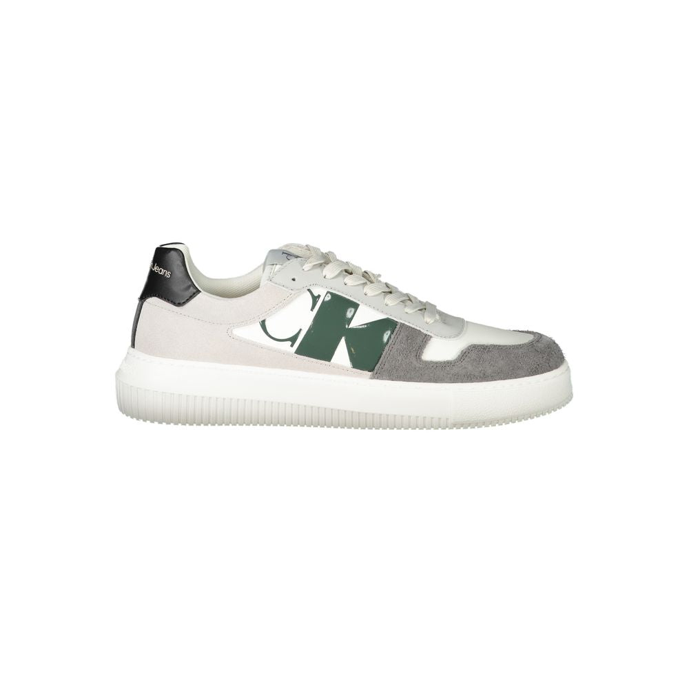 Calvin Klein white polyethylene men's sneaker with clean design and white laces, showcasing casual footwear style.