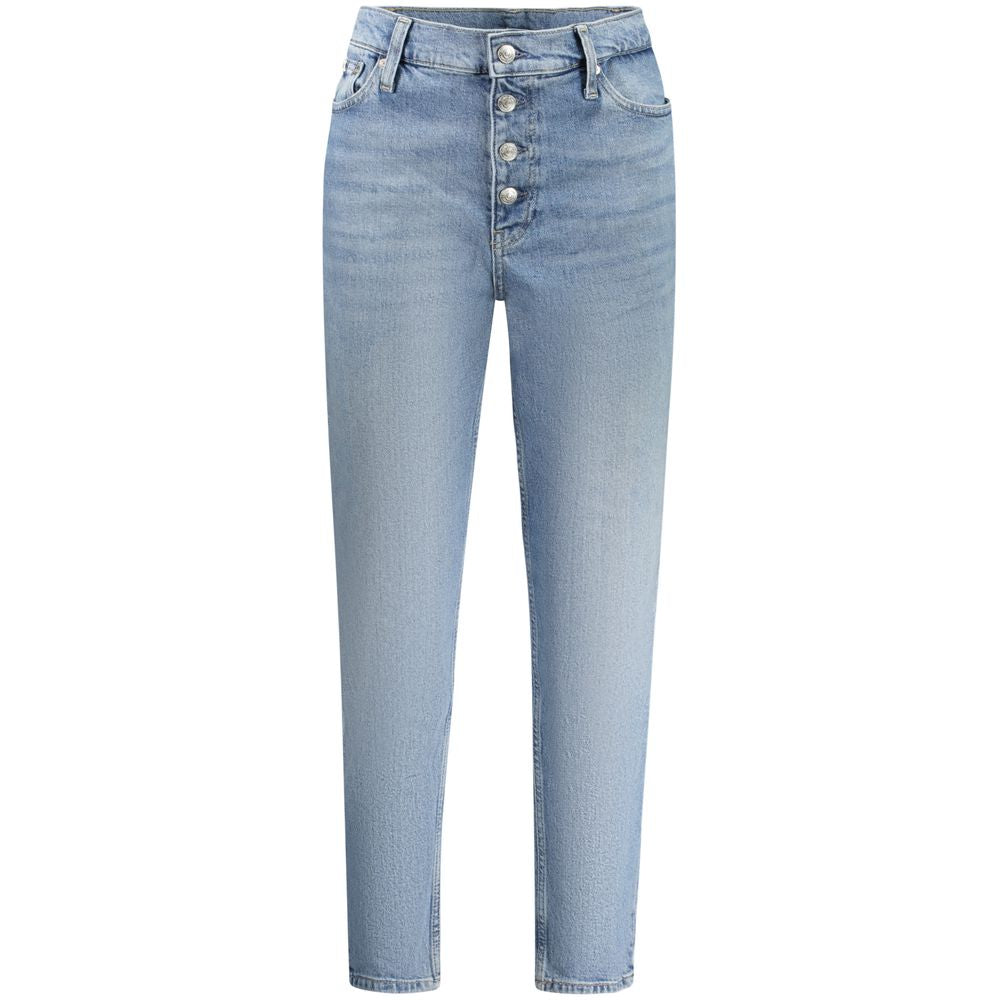 Calvin Klein Azzurro cotton women's jeans with a classic fit and five-pocket design, shown on a model.