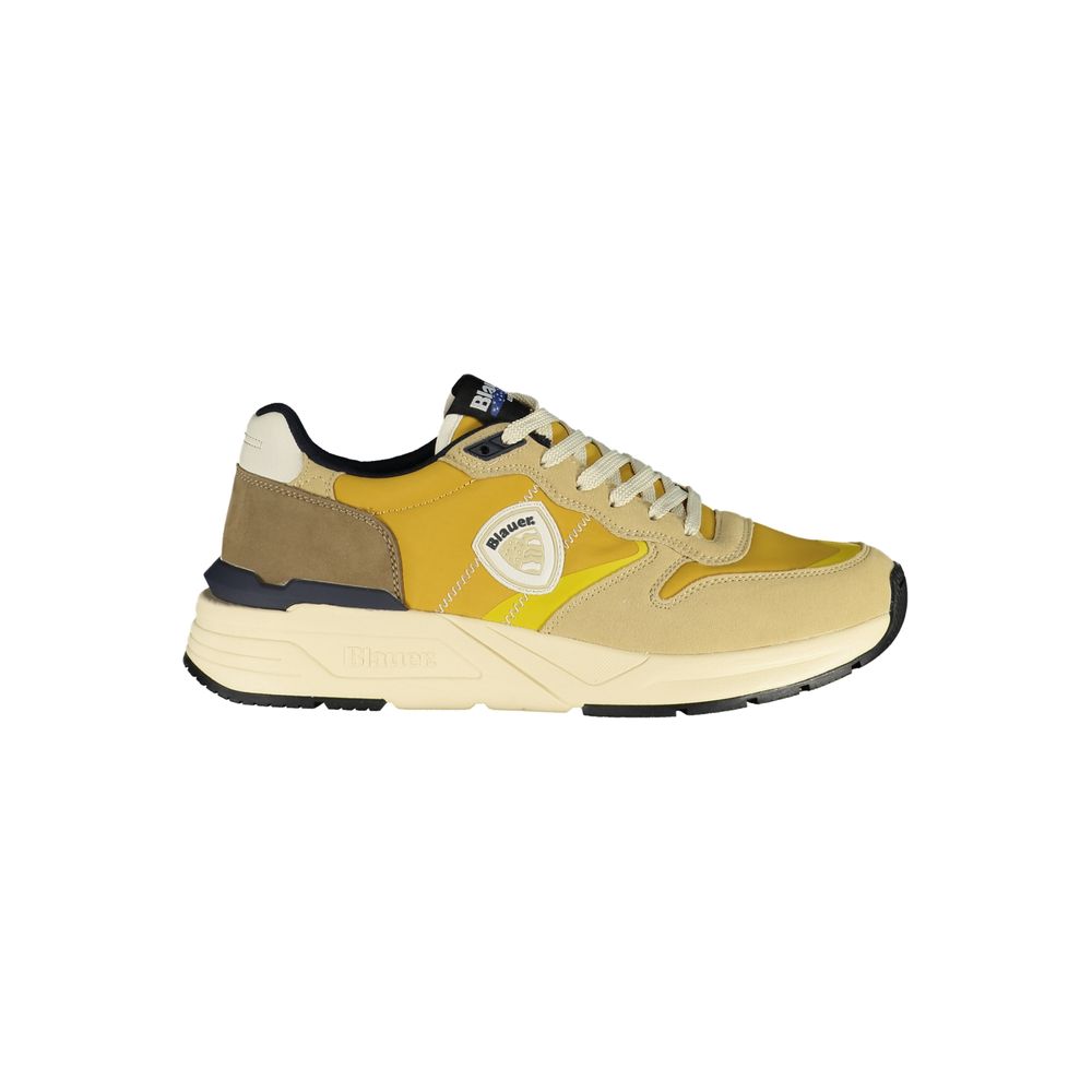 Beige polyurethane men's sneaker by Blauer showing a sleek casual design with white rubber sole and laced closure.