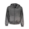 Calvin Klein black men's polyester jacket displayed on a hanger with a sleek, modern design and zippered front.