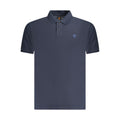Timberland Blu Cotton Men Polo shirt, short sleeve with collar and buttons, displayed on a hanger.
