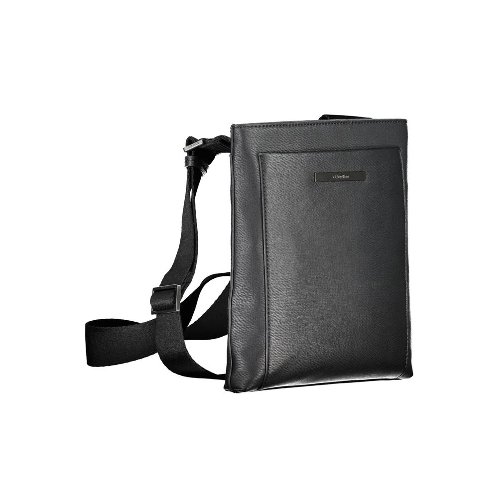 Calvin Klein eco-conscious black shoulder bag with logo, featuring sleek design and adjustable strap, stylish for everyday wear.