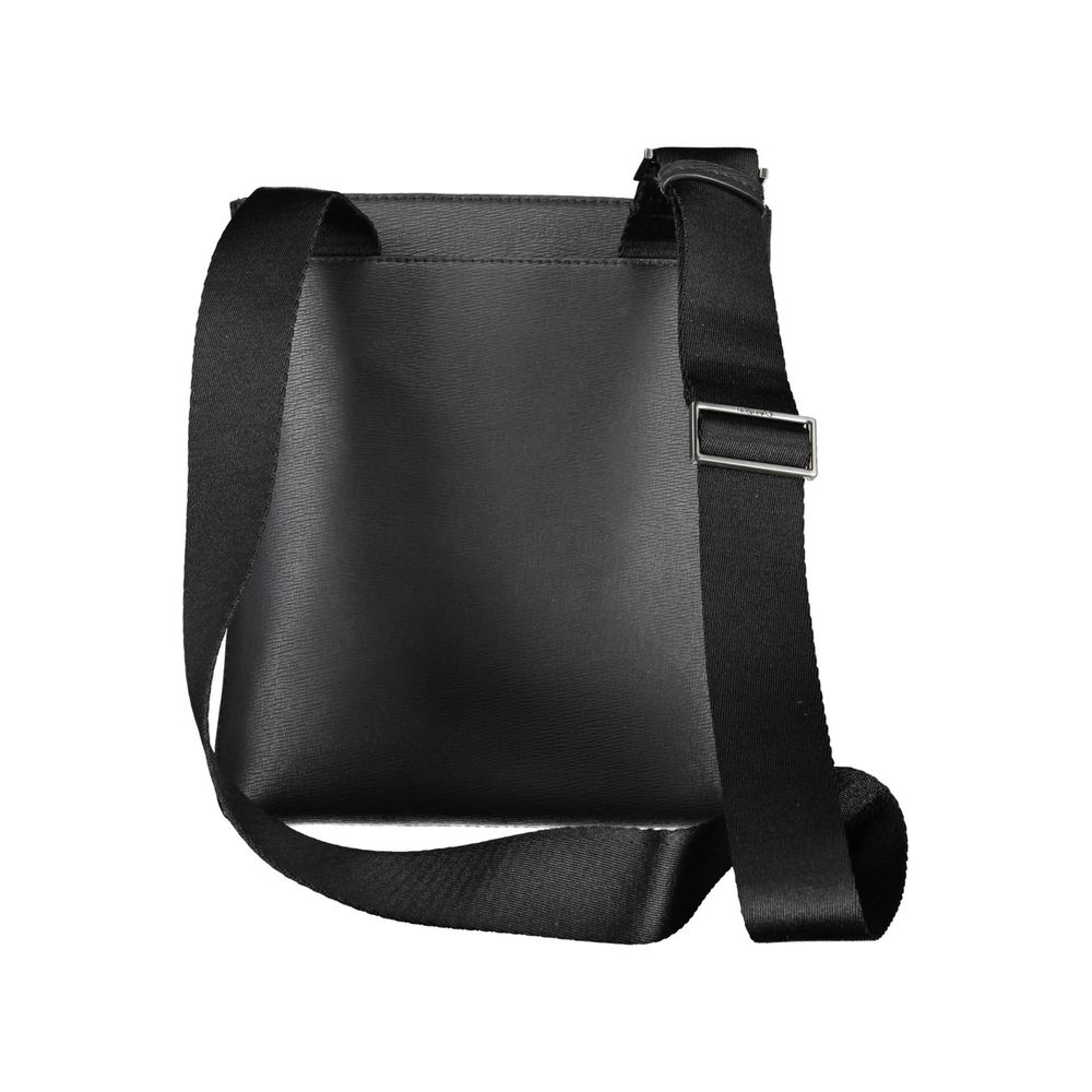 Black Calvin Klein eco-conscious shoulder bag with logo, featuring sleek design and adjustable strap for versatile style.