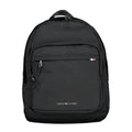 Tommy Hilfiger black polyester men's backpack with multiple compartments and adjustable straps, featuring the brand's logo.