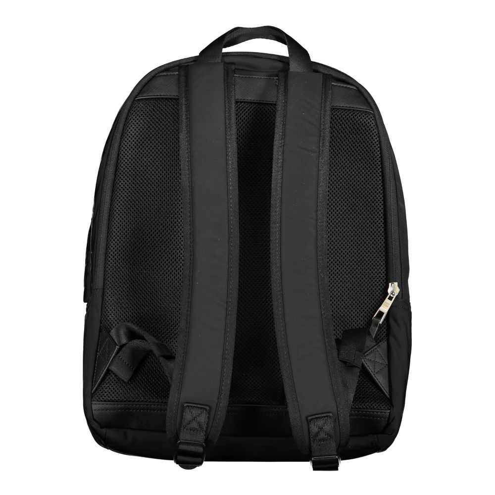 Black Tommy Hilfiger polyester men's backpack with multiple compartments and adjustable straps, designed for everyday use.