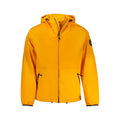 Orange Napapijri men's recycled polyester jacket with a front zipper and stand-up collar, designed for outdoor wear.