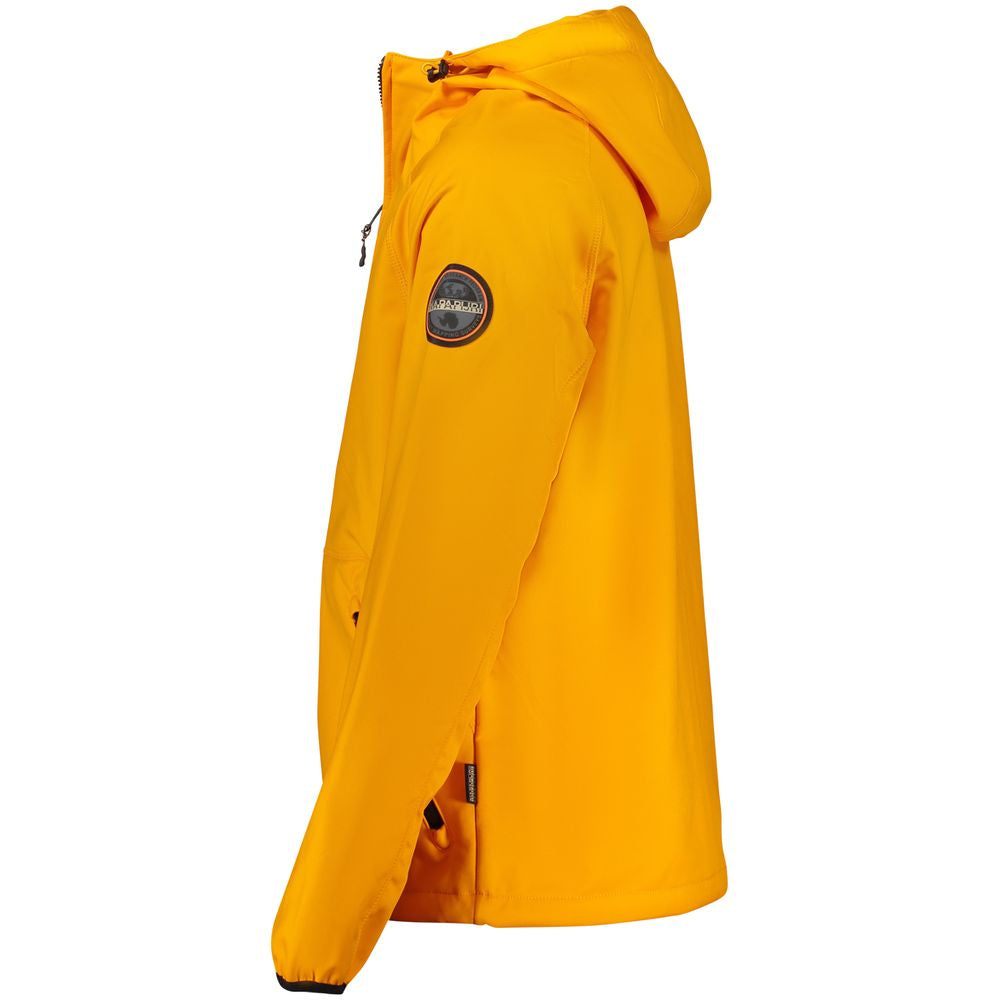 Men's Napapijri orange jacket made from recycled polyester, featuring a modern outdoor design and durable fabric.