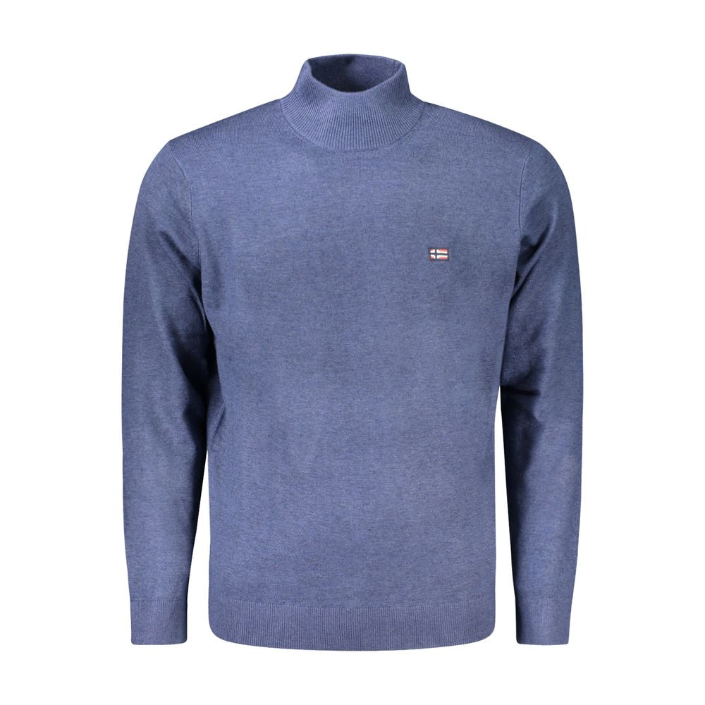 Norway 1963 blue polyamide men's sweater displayed on a hanger, showcasing a classic knit design and ribbed cuffs.