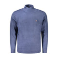 Norway 1963 blue polyamide men's sweater displayed on a hanger, showcasing a classic knit design and ribbed cuffs.
