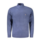 Norway 1963 blue polyamide men's sweater displayed on a hanger, showcasing a classic knit design and ribbed cuffs.