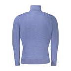 Norway 1963 blue wool men's sweater with ribbed cuffs and neckline, cozy and stylish knit garment.