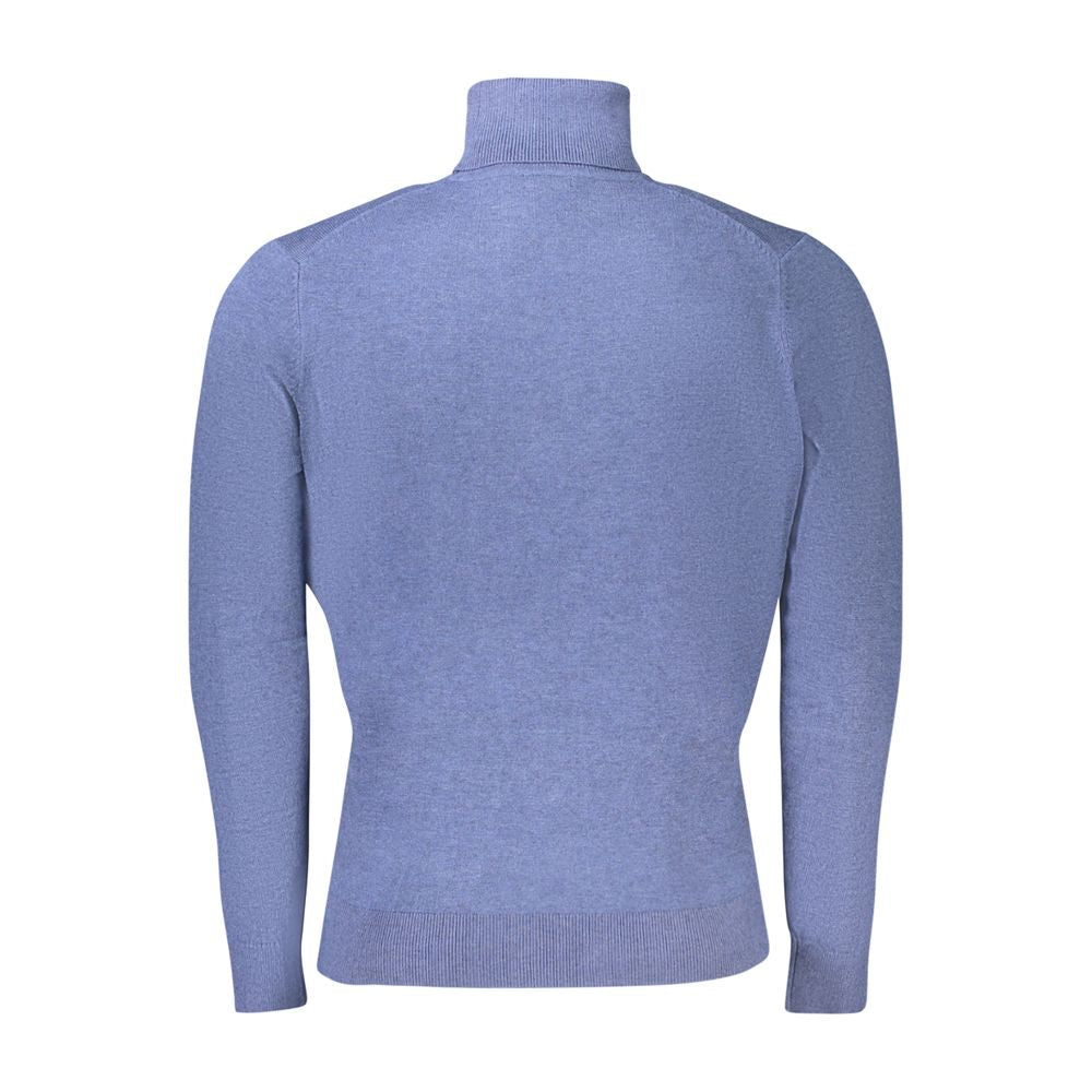 Norway 1963 blue wool men's sweater with ribbed cuffs and neckline, cozy and stylish knit garment.