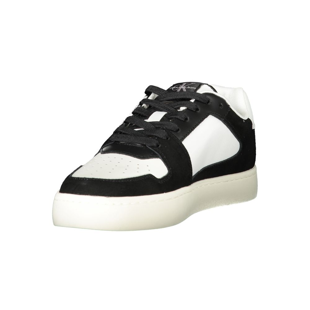 Calvin Klein white polyester men's sneaker with sleek design and white laces, showcasing a casual athletic footwear style.