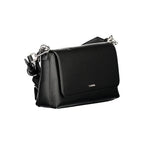 Black Calvin Klein women's handbag made of polyurethane with sleek design and silver hardware, stylish accessory for everyday use.