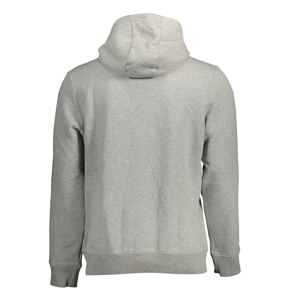 Gray Napapijri men's cotton hoodie displayed on a model, featuring a relaxed fit and casual style.