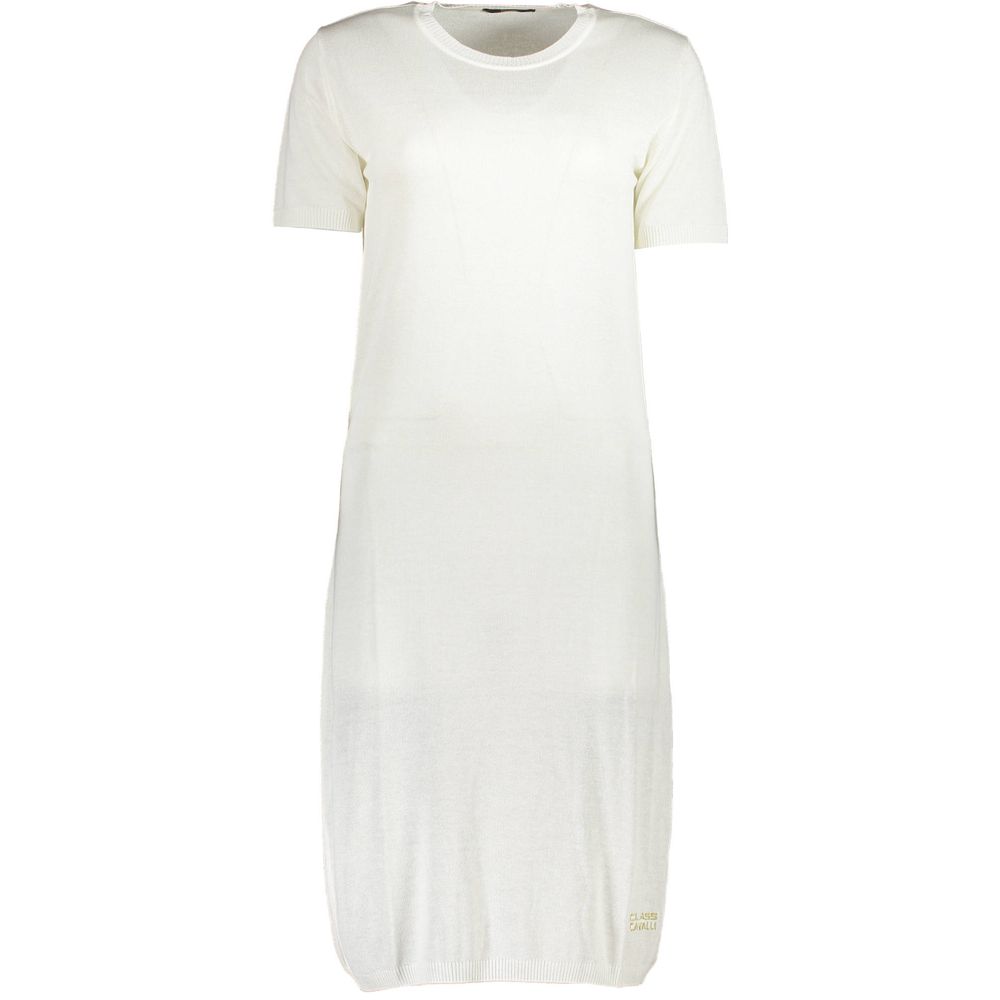 Cavalli Class Bianco Viscosa women’s dress featuring a stylish, flowing design perfect for elegant occasions.