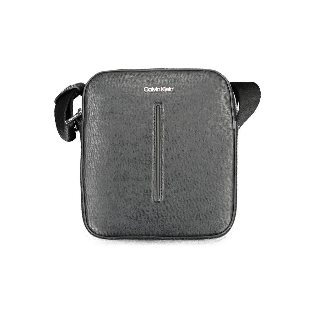 Calvin Klein black polyester men's shoulder bag with adjustable strap and minimal branding, suitable for casual and professional use.