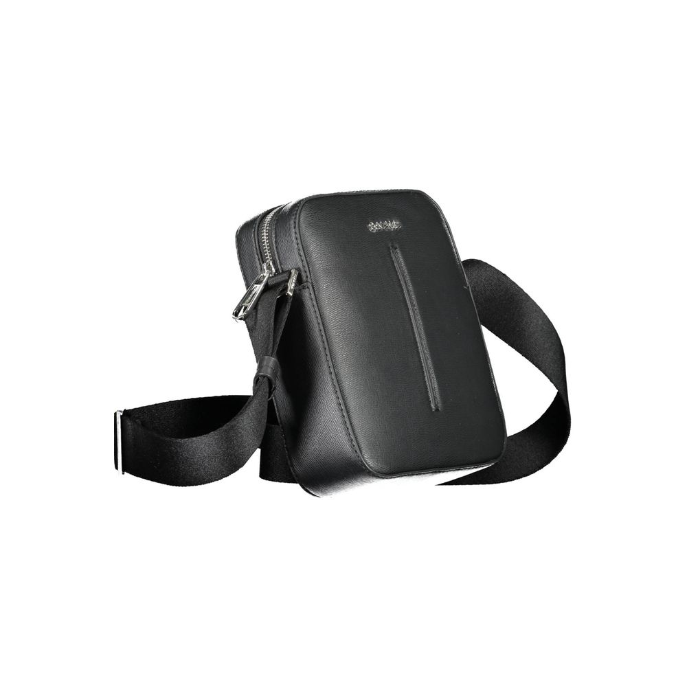 Calvin Klein black polyester men's shoulder bag with adjustable strap and sleek design, suitable for casual or professional use.