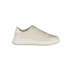 Beige leather women's sneaker by Calvin Klein with white sole and sleek design, showcasing casual and stylish footwear.