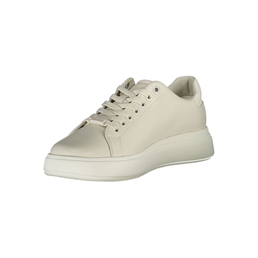 Beige leather women's sneaker by Calvin Klein with white rubber sole and sleek design.