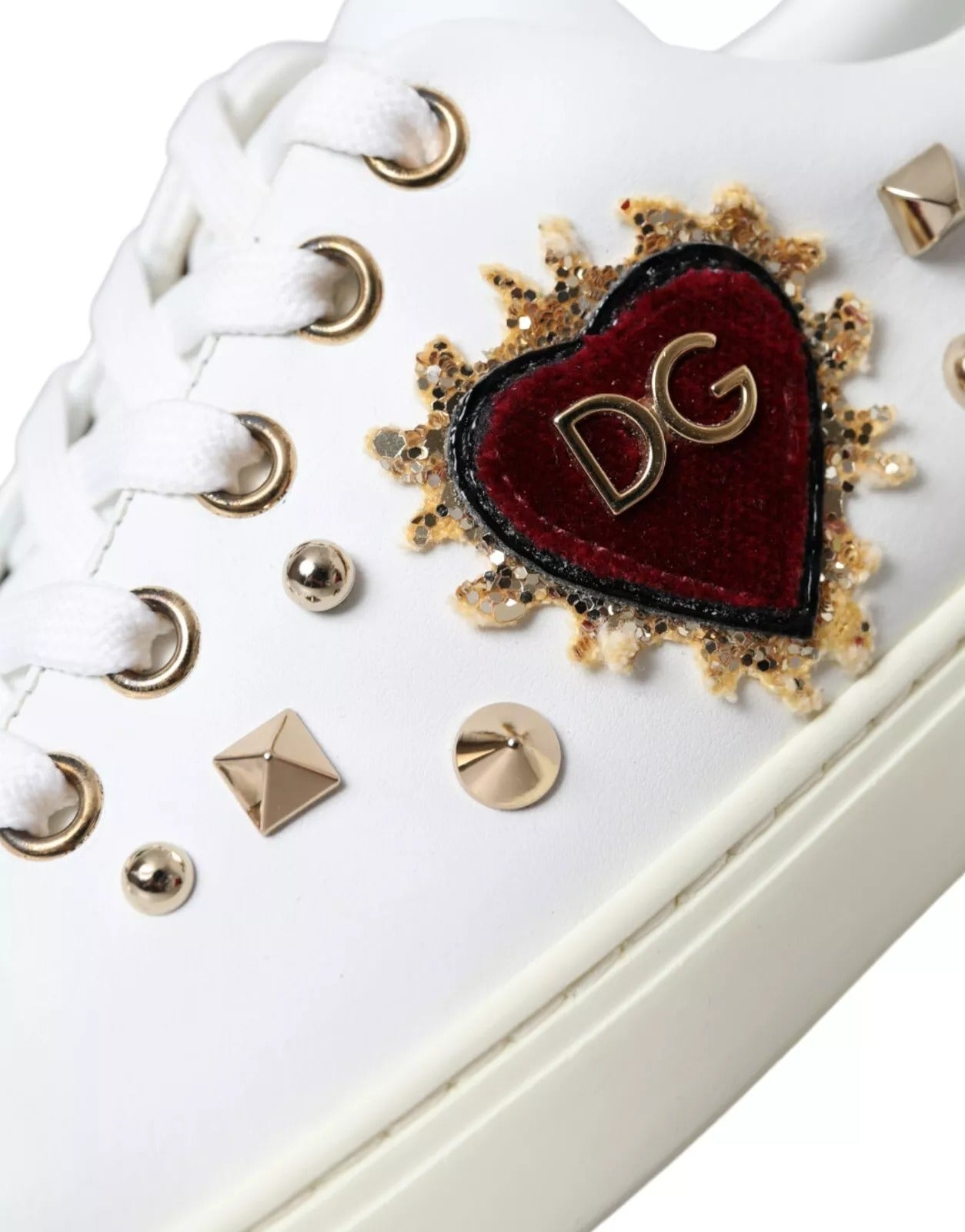 Dolce & Gabbana White Leather Gold Red Heart Sneakers Shoes Dolce & Gabbana