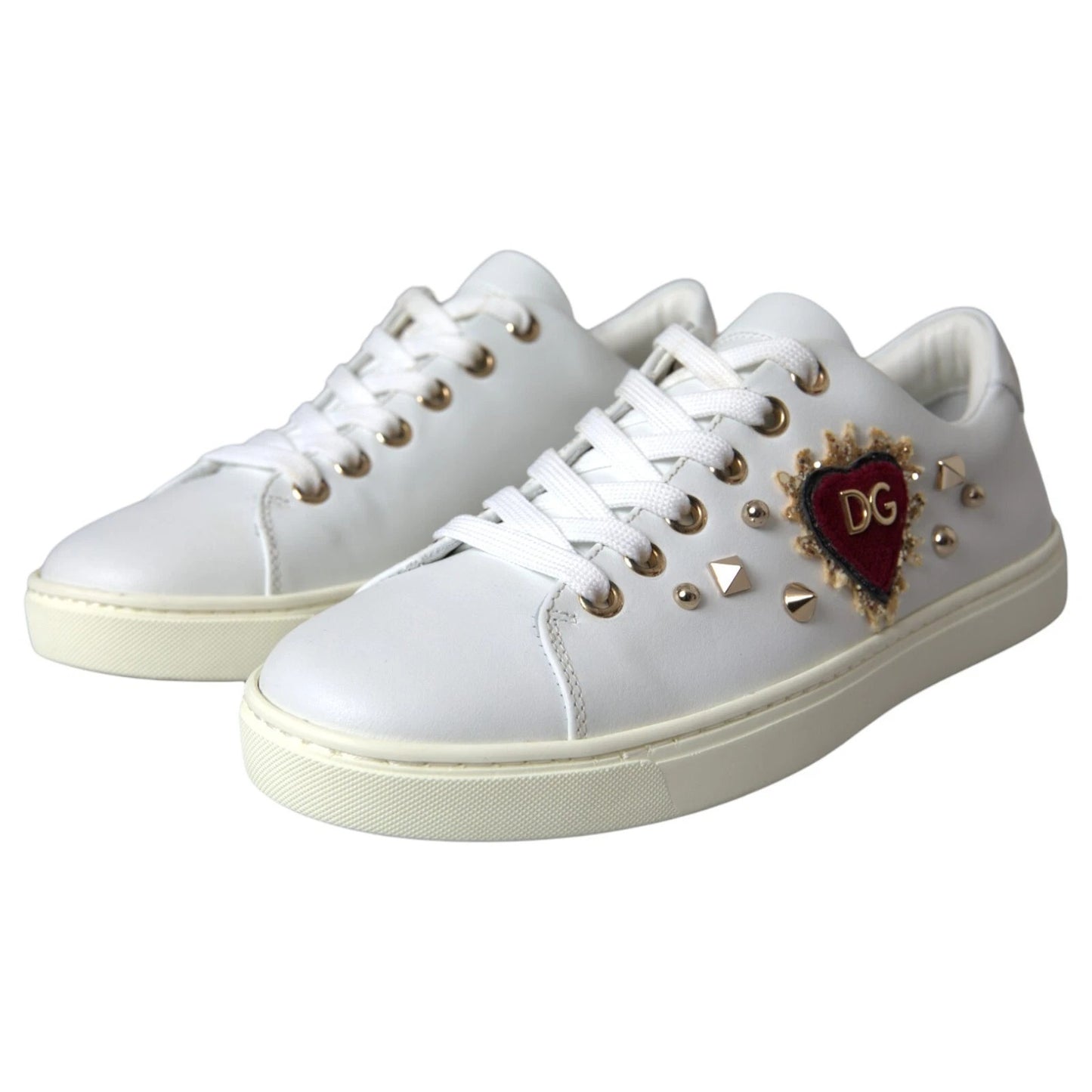 Dolce & Gabbana White Leather Gold Red Heart Sneakers Shoes Dolce & Gabbana