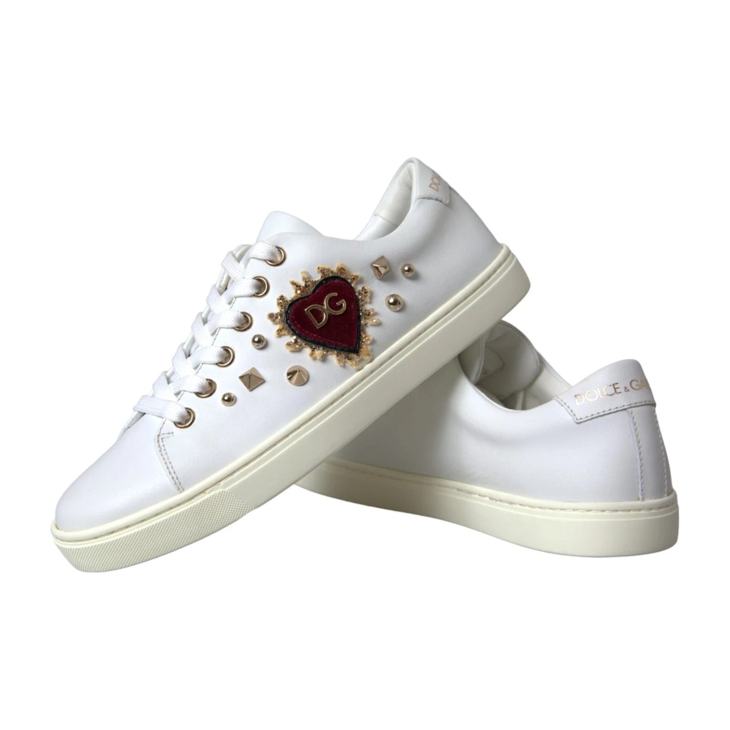 Dolce & Gabbana White Leather Gold Red Heart Sneakers Shoes Dolce & Gabbana