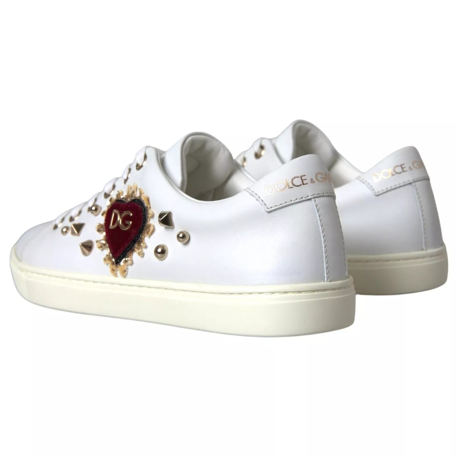 Dolce & Gabbana White Leather Gold Red Heart Sneakers Shoes Dolce & Gabbana
