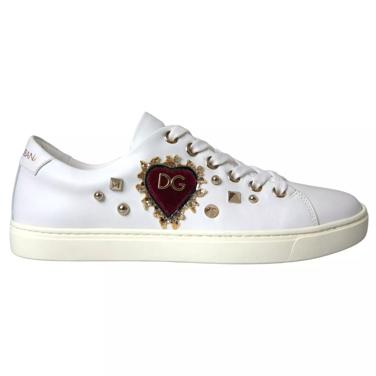 Dolce & Gabbana White Leather Gold Red Heart Sneakers Shoes - Eljoys Fashion 