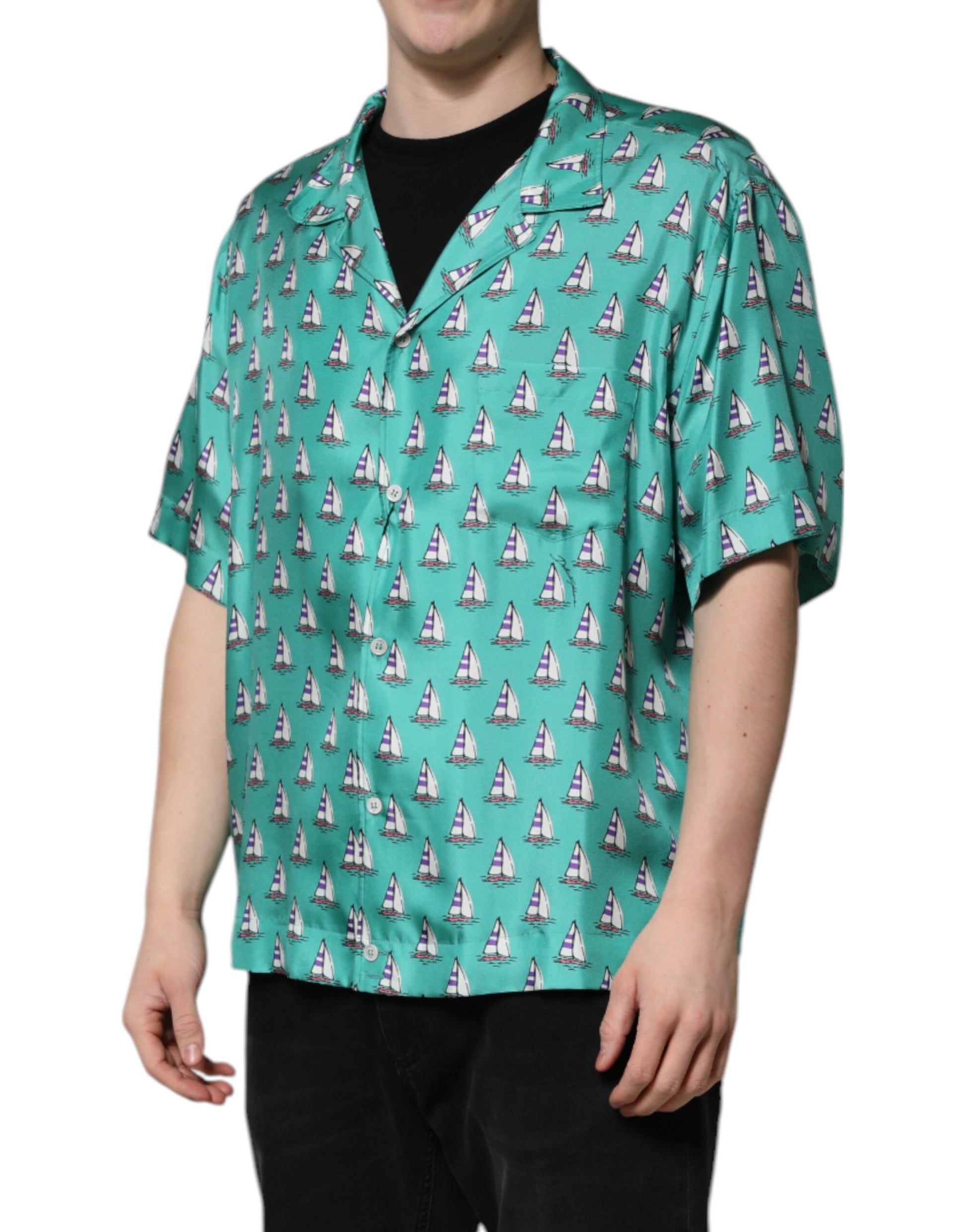Dolce & Gabbana Green Printed Short Sleeves Casual Shirt Dolce & Gabbana
