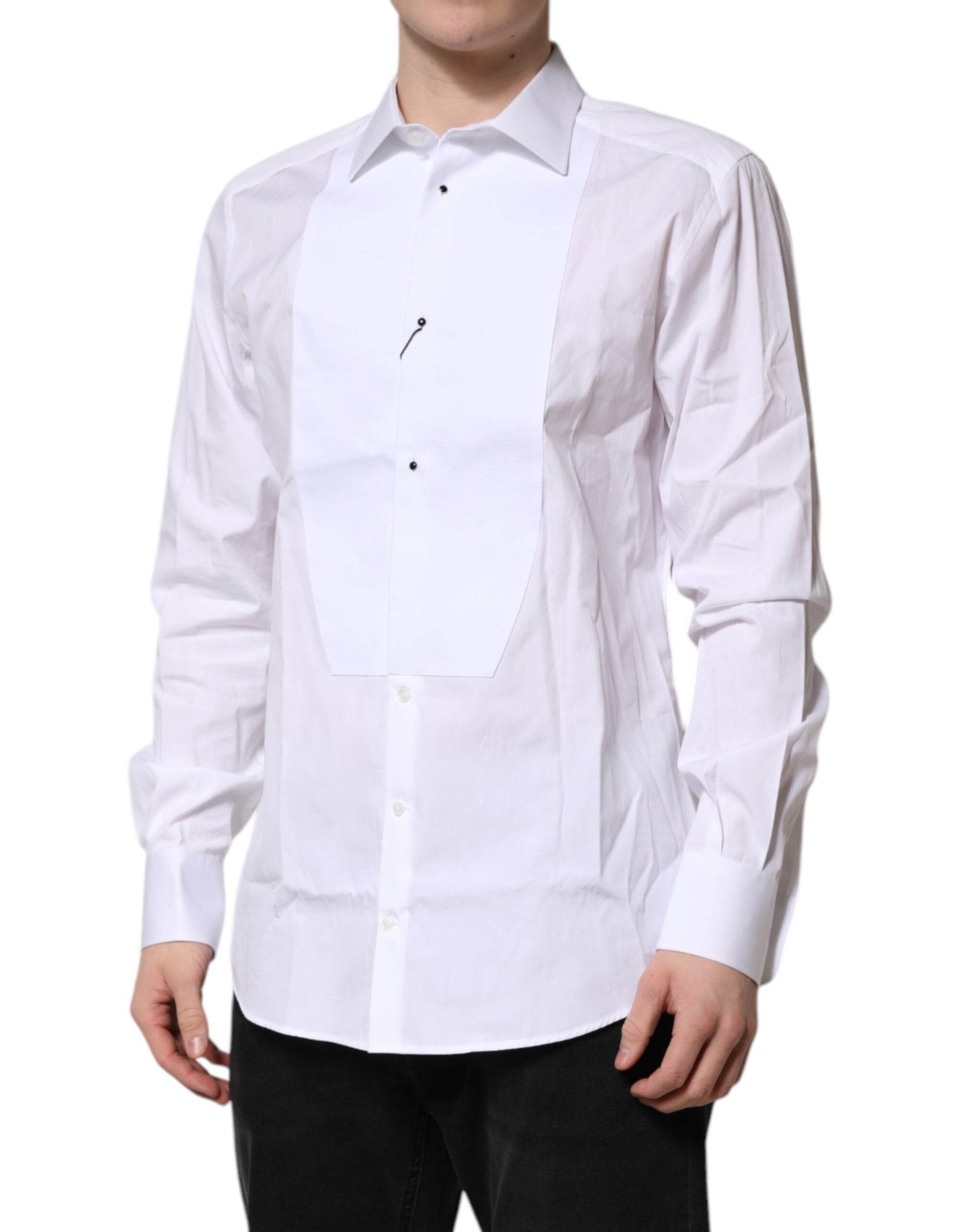 Dolce & Gabbana White Silk Bib Poplin GOLD Men Formal Shirt Dolce & Gabbana