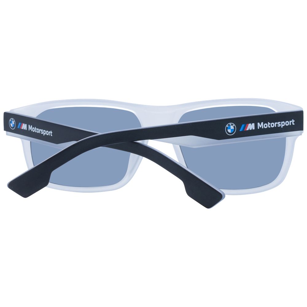 BMW Motorsport white plastic sunglasses with sleek frame and tinted lenses, designed for sporty style and UV protection.